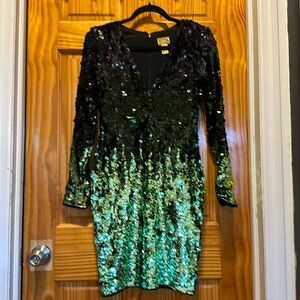 Green and Black sequin moire long sleeve dress